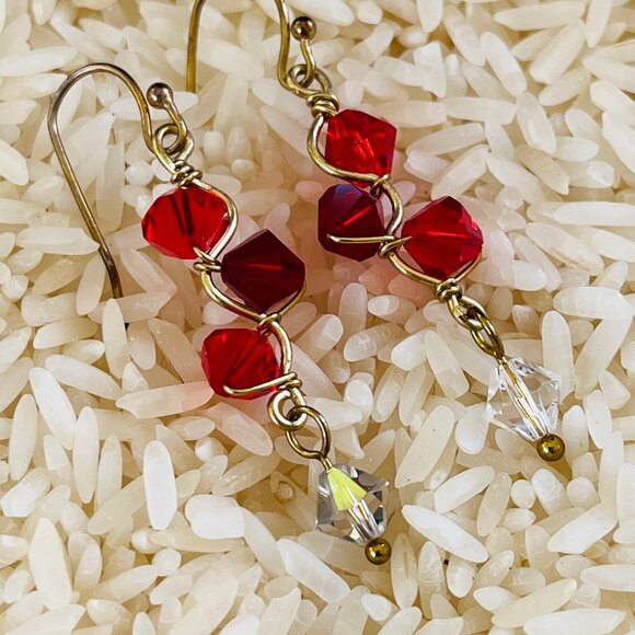 Swarovski Crystal Siam Red, Ruby Red, & Crystal AB, Wire Wrap Dangle Earrings - Picture 2 of 3